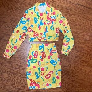 Vintage 80s Caché Gold Label Made in France Floral Cropped Jacket & Skirt, EUC